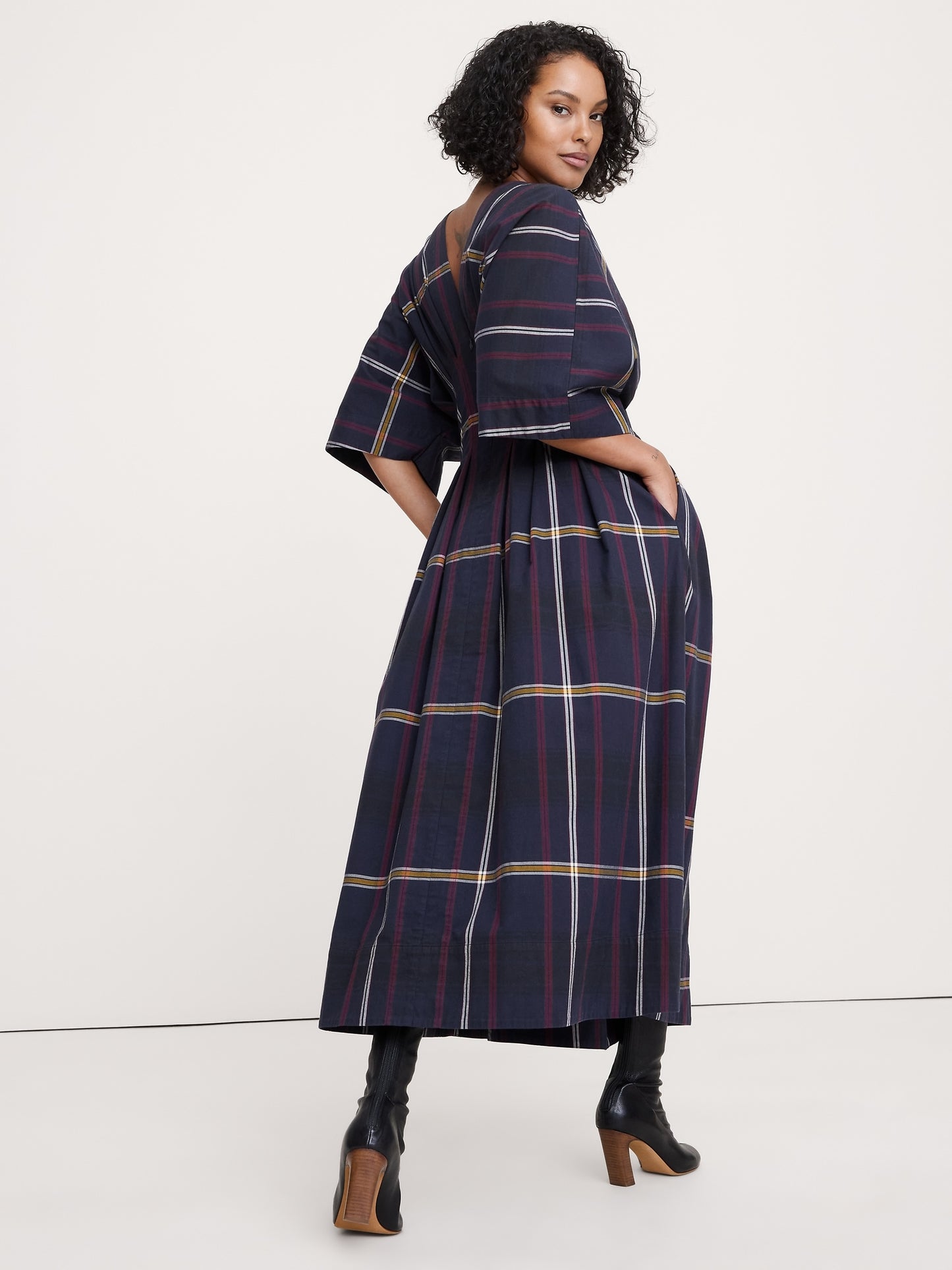 Plaid Pleated Cotton Maxi Dress